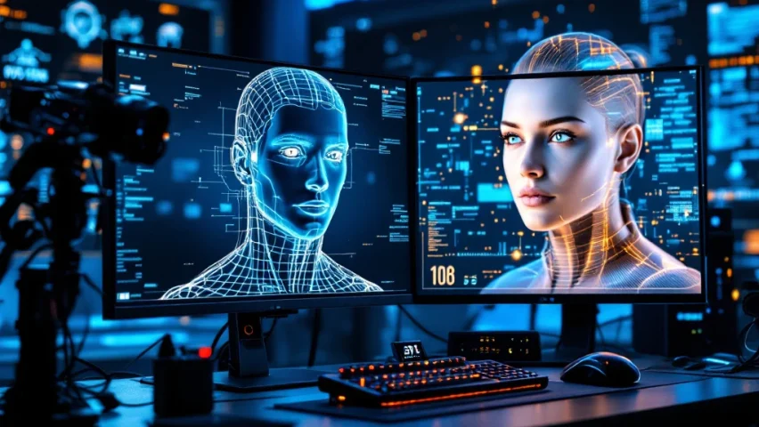 High-tech werkruimte voor AI avatar-ontwikkeling met monitors, 3D-wireframe transformatie, blauw-paarse verlichting en geavanceerde scanapparatuur.