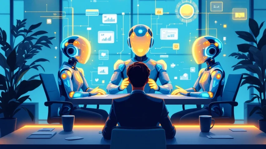 Drie futuristische AI-avatars voeren sollicitatiegesprek met persoon in modern kantoor, omringd door holografische HR-gegevens en technologische communicatie-elementen.