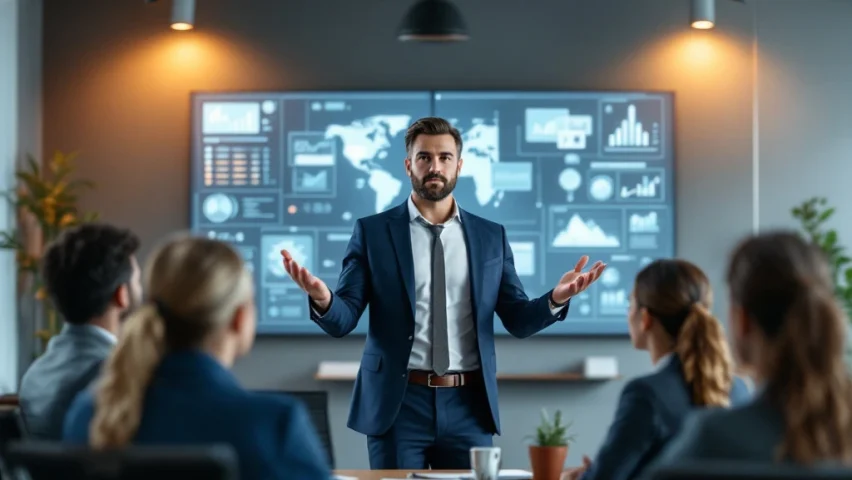 Zelfverzekerde professional deelt kennis met aandachtige collega's in kantoorruimte met digitale grafieken en strategiebord, symboliseert interne ambassadeurs.