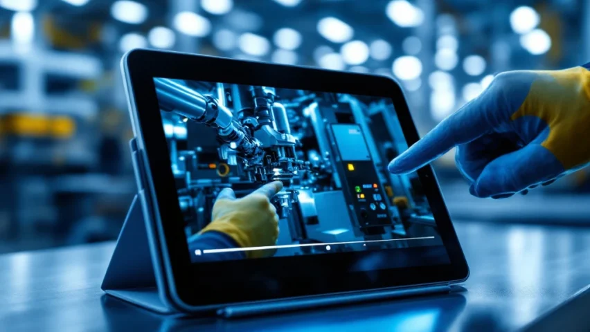 iPad op werkbank toont productiemachine-video waarbij hand met veiligheidshandschoen naar robotonderdelen wijst in moderne fabriek met blauwe industriële verlichting.