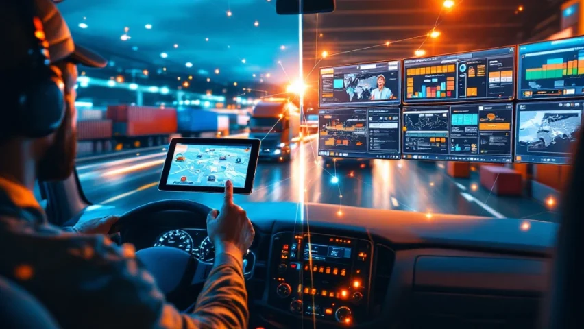 Moderne transportlogistiek hub toont vrachtwagenchauffeur met communicatietablet en controlecentrum met vloottracking, verbonden door digitaal netwerk.