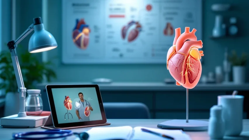 Professionele medische leeromgeving met stethoscoop, handboek en tablet naast een anatomisch hartmodel en procedureschema, omringd door medische instrumenten in blauw-groene tinten.
