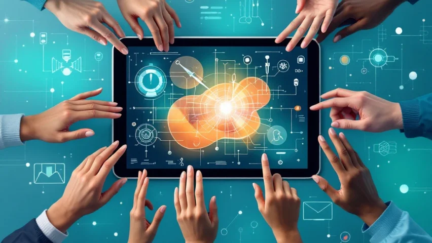 Moderne medische trainingsinterface met diverse handen die reiken naar een tablet waarop een procedure wordt getoond, omringd door medische instrumenten in een digitale omgeving.
