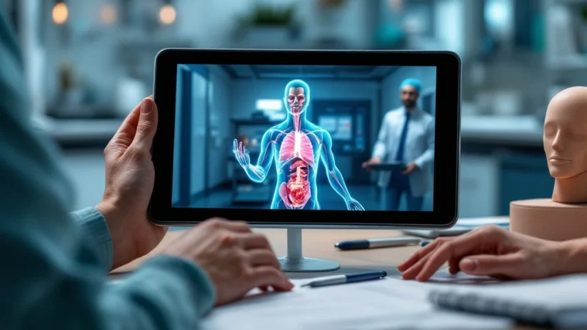 Medische trainingsopstelling met tablet op statief waarop instructievideo speelt, omringd door instrumenten en anatomisch model. Diverse handen maken aantekeningen in ziekenhuisomgeving.