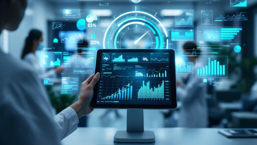 Tablet met medische trainingsvideo in modern ziekenhuis, omringd door holografische analysegrafieken terwijl zorgprofessionals aantekeningen maken.