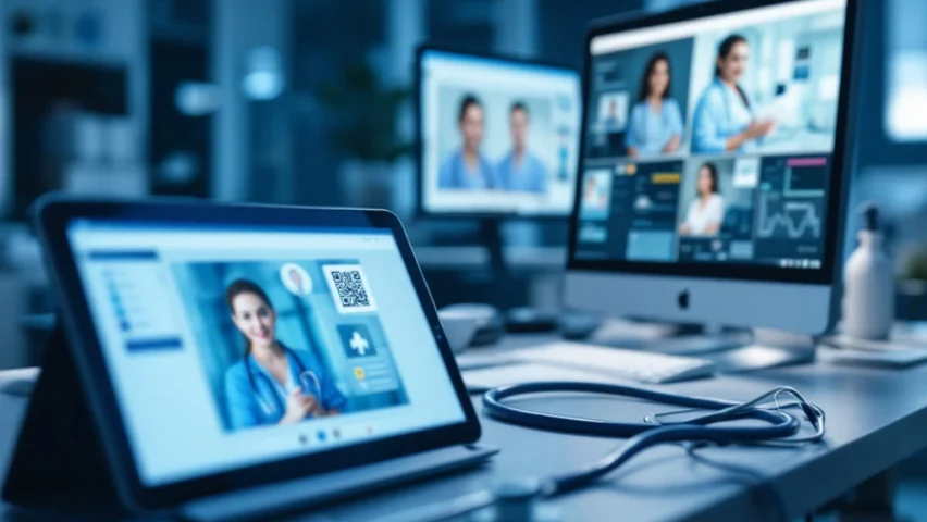 Moderne ziekenhuiswerkplek met tablets en computerscherm voor medische training, stethoscoop, medische instrumenten en toegangsbadge in professionele omgeving.