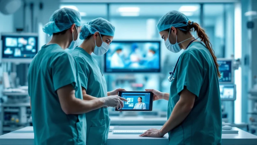 Medisch team bestudeert videotutorial op tablet in ziekenhuisomgeving, met gesimuleerde patiëntenzorg en dalende incidentengrafiek op de achtergrond.