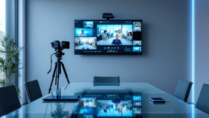 Modern, minimalistisch kantoor met centrale vergaderruimte en professionele videoapparatuur. Monitoren tonen videobeelden, terwijl tablet, smartphone en laptop georganiseerd liggen. Blauwe accentverlichting creëert toekomstgerichte sfeer.