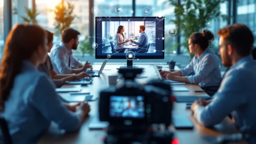 Medewerkers volgen professionele videopresentatie in moderne kantoorruimte met conferentietafel, multimedia-apparatuur en warme belichting die samenwerking bevordert.