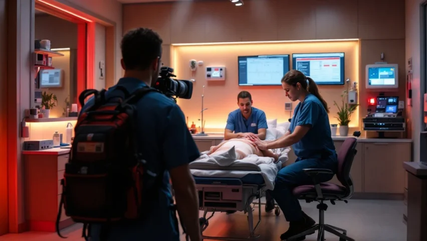 Medisch team oefent reanimatie tijdens gefilmde noodprotocol training in zorginstelling, met monitoren, AED-apparaat en noodkar in professionele setting.