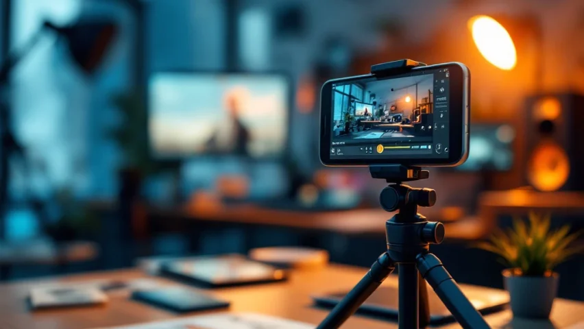 Smartphone op professioneel statief toont video-opname-interface in moderne kantooromgeving met productieapparatuur, storyboards en Vormats' kenmerkende blauwe en oranje kleuren.
