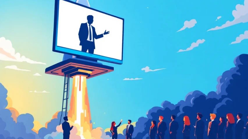 Televisietoestel gemonteerd op raketplatform met vlammen, terwijl zakelijk publiek toekijkt, symboliseert lancering van communicatie-initiatief.