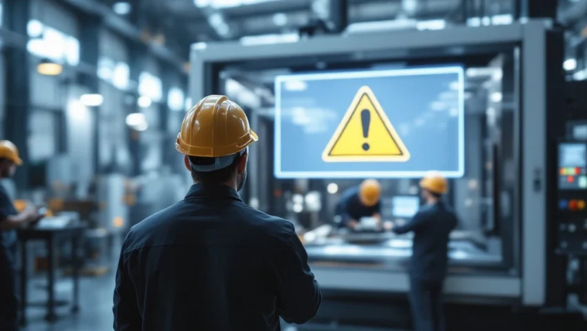 Moderne fabriekshal met industriële machine en digitaal veiligheidsscherm. Werknemers met helmen en hesjes werken op de door zonlicht verlichte productievloer.