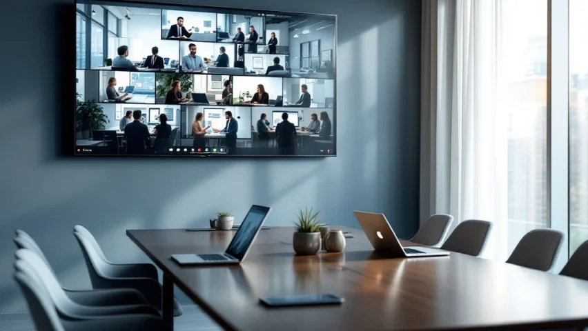 Moderne vergaderruimte met presentatiescherm en vergadertafel vol apparaten die dezelfde videoboodschap tonen, omgeven door professionele blauwe en grijze tinten.