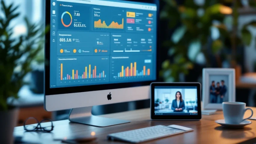 Professionele werkplek met videoanalytics dashboard, tablet met bedrijfsvideo en engagement-meter. Blauwe en oranje tinten verbinden data met menselijke betrokkenheid.