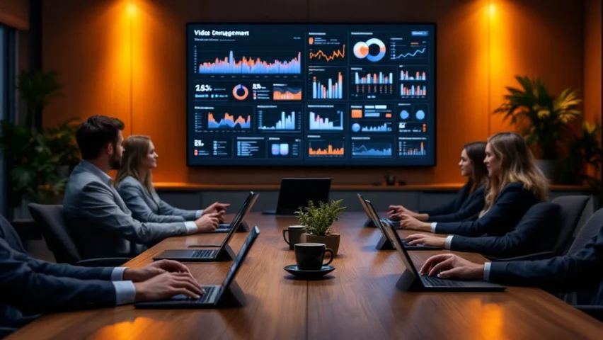 Professionele vergaderruimte met tablets en smartphones op tafel, interactief dashboard met videoanalyses, grafieken en heatmaps die medewerkersengagement visualiseren.