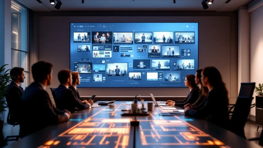 Modern kantoorruimte met videobeheersysteem op groot digitaal scherm, divers team werkt samen aan workflow-tafel met gekleurcodeerde content en technische serverinfrastructuur.
