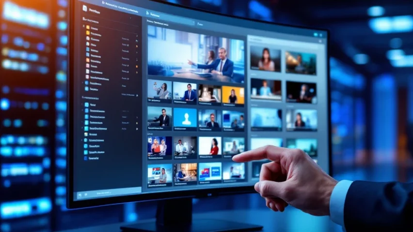 Professionele hand wijst naar video content management dashboard op gebogen monitor in moderne kantooromgeving met serverruimte op achtergrond.