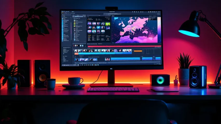 Professionele minimalistische werkruimte met computerscherm waarop gestructureerde videobibliotheek zichtbaar is, externe harde schijf en visuele workflow voor videobestandsbeheer.