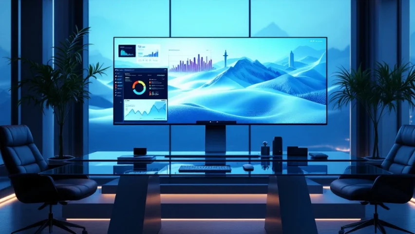 Professionele videoconferentiesystemen op glazen bureau in moderne vergaderruimte, met drie schermen die verschillende interfaces tonen, verbonden door kabels.