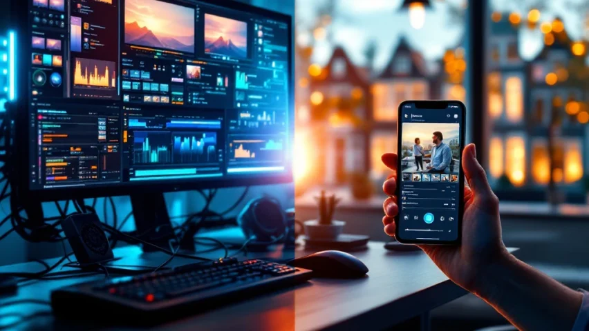 Transformatie van videoproductie: studio versus smartphone-app met overgangsgebaar. Amsterdamse grachtenpanden op achtergrond.