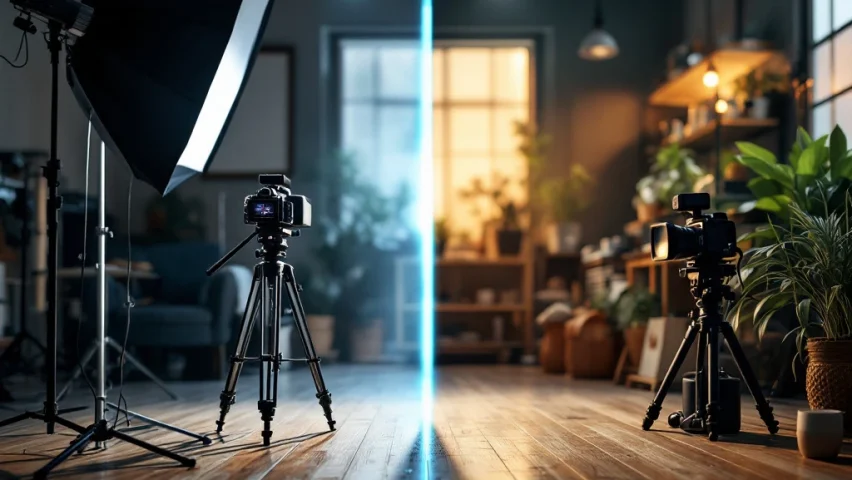 Professionele en authentieke videografie-opstellingen die in het midden samensmelten, met studiobelichting links en natuurlijk licht rechts, voor evenwichtige bedrijfsvideo's.