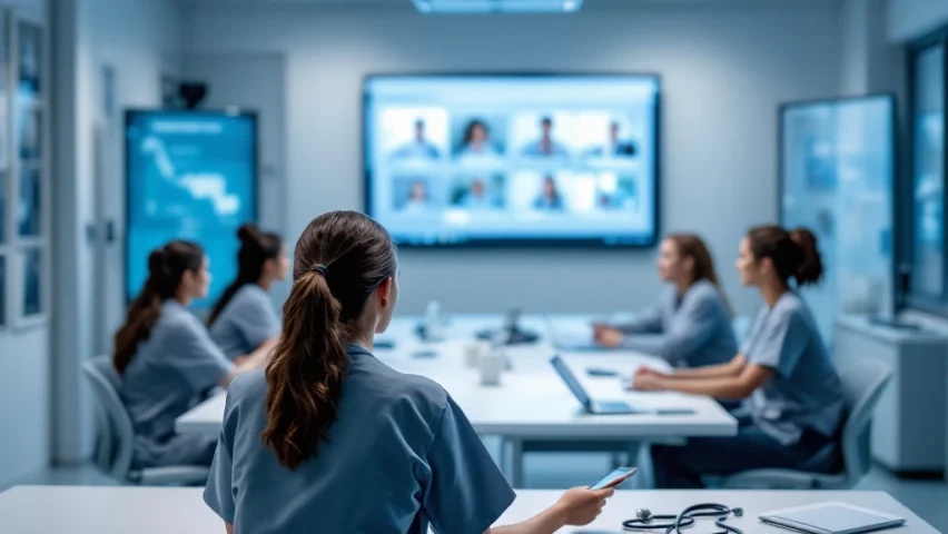 Zorgmedewerkers van diverse achtergronden in trainingsruimte bekijken meertalige medische instructies op grootscherm; stethoscopen en Vormats-tablets op tafel.