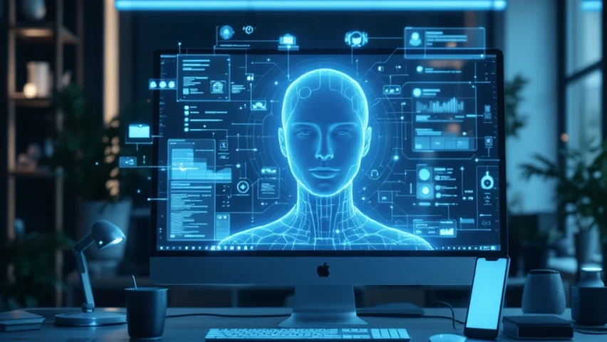 Futuristische werkplek met holografische blauwe AI avatar, connected devices en digitale videoconferentie-interfaces in teal en blauw tinten.