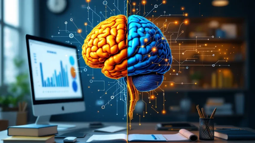 Vergelijking tussen video-training en traditionele training, met centraal een hersenen waarvan de videotraining-zijde helderder oplicht, symboliserend betere kennisretentie.