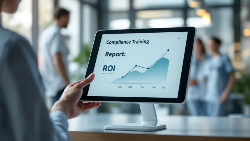Moderne verpleegpost waar compliance-trainingsvideo wordt bekeken door zorgprofessionals, met ROI-grafiek ernaast. Een hand wijst interactief naar het scherm in een lichte ziekenhuisomgeving.