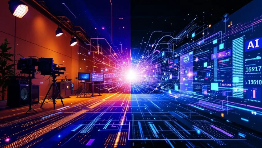 Split-screen vergelijking van traditionele videoproductie links versus AI-verbeterde video rechts met holografische effecten