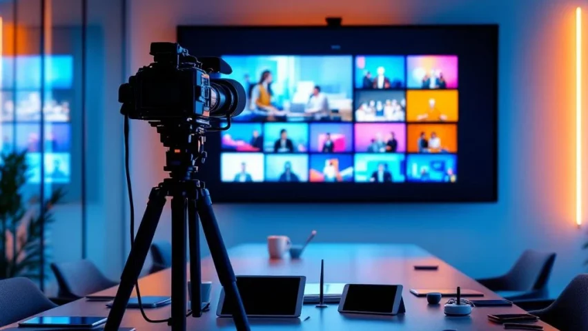 Professionele videocamera op statief in moderne kantooromgeving met wandscherm vol videothumbnails en studiobelichting