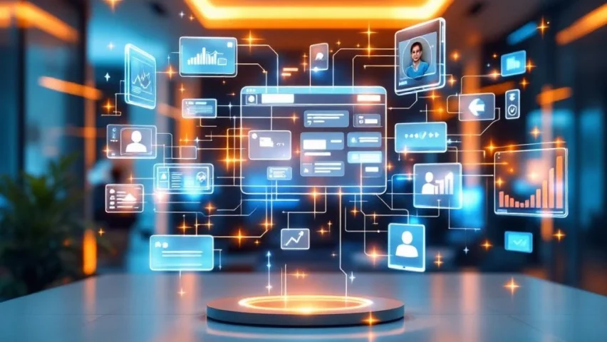 Modern kantoor met zwevende holografische communicatietools, digitale schermen en gloeiende verbindingslijnen