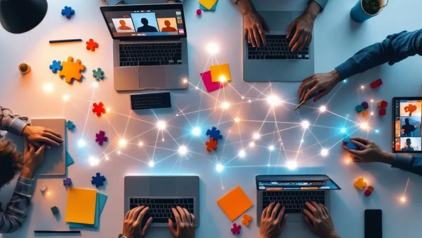 Modern werkplek met laptops en tablets die videogesprekken tonen, verbonden door digitale lijnen met teambuilding materialen