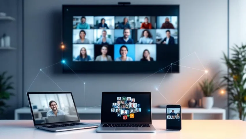 Moderne kantooromgeving met videoconferentie op wandscherm en meerdere apparaten die digitale connectiviteit tonen