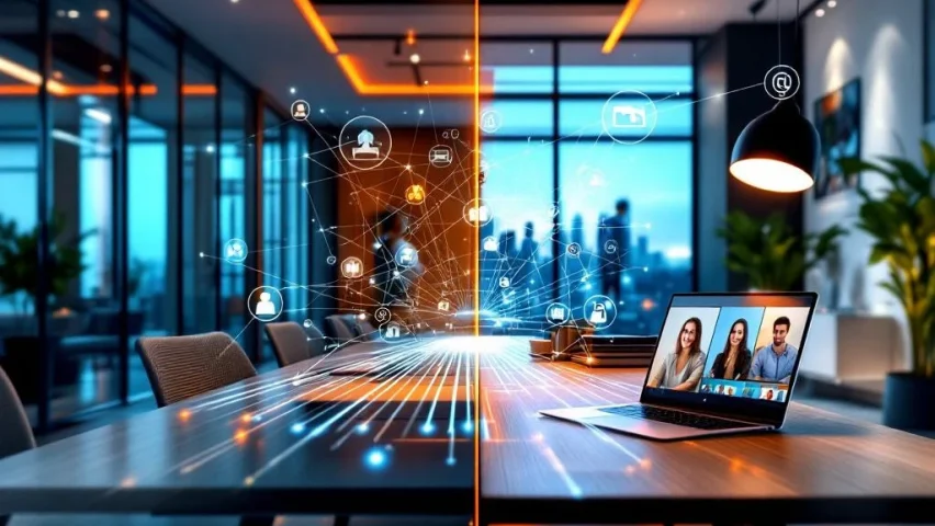 Hybride werkplek split-screen: lege moderne vergaderruimte links, thuiswerkplek met videogesprek rechts, verbonden door digitale lijnen