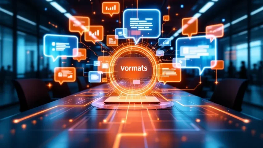 Moderne kantooromgeving met onderling verbonden communicatiekanalen, digitale schermen en georganiseerde informatiestromen