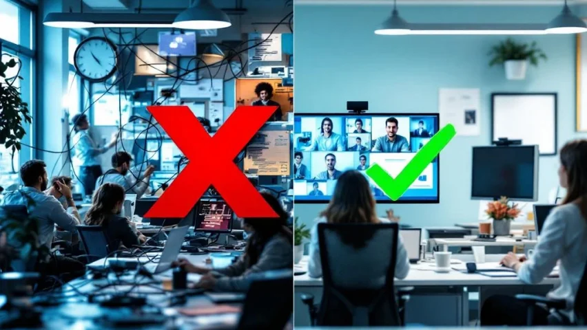 Split-screen vergelijking van verkeerde en juiste videocommunicatie: chaotisch kantoor links, professionele setup rechts