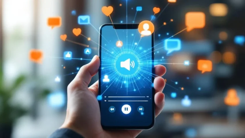 Handen houden smartphone met video-interface, omringd door blauwe en oranje engagement-iconen in kantooromgeving