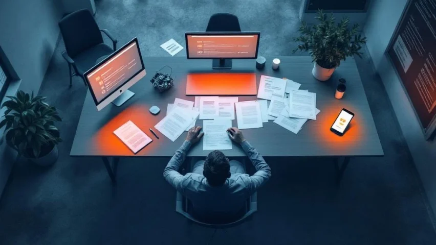Professionele kantooromgeving met lege vergaderruimte, ongeopende e-mails op scherm en verspreid papierwerk die lage werknemerbetrokkenheid tonen