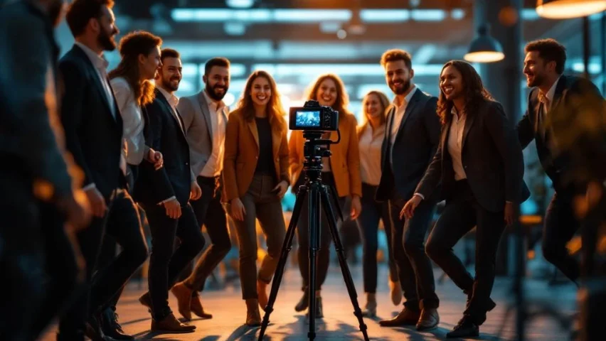 Diverse zakelijke professionals lopen enthousiast naar professionele camera-opstelling in modern kantoor
