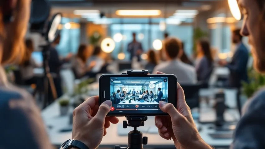 Medewerkers maken video's met smartphones en tablets in moderne kantooromgeving met professionele verlichting