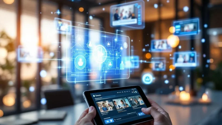 Modern kantoor met holografische videoschermen verbonden door blauwe datastromen, tablet toont video-interface