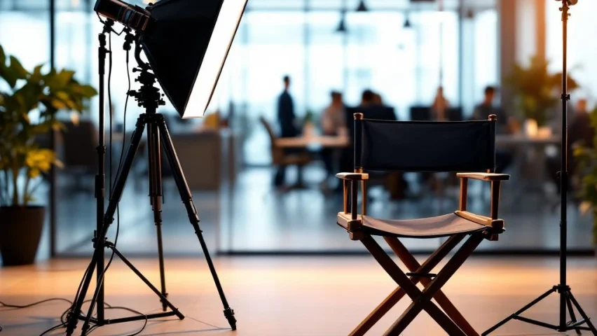 Lege directeurstoel voor professionele videoapparatuur in moderne kantooromgeving met weggedraaide positie
