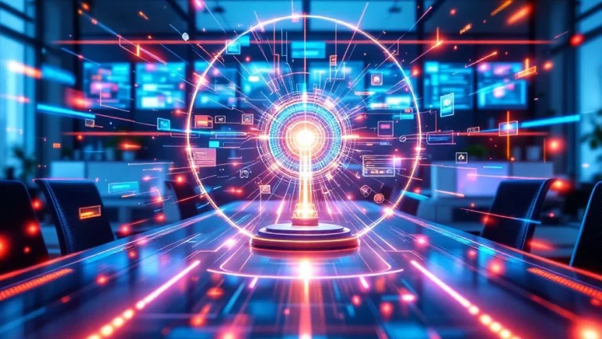 Moderne kantooromgeving met gloeiende communicatiehub en georganiseerde kleurrijke informatiestromen op digitale schermen