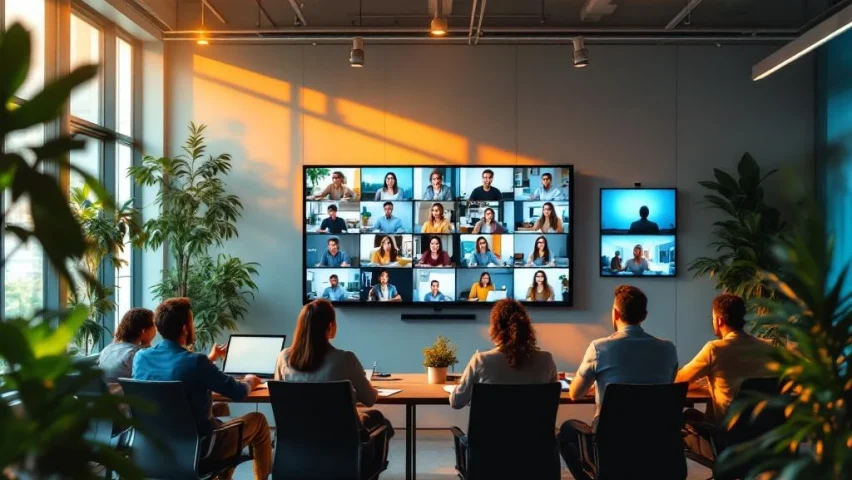 Diverse kantoormedewerkers werken samen rond grote schermen met videocontent in moderne werkruimte met glasconferentiezalen