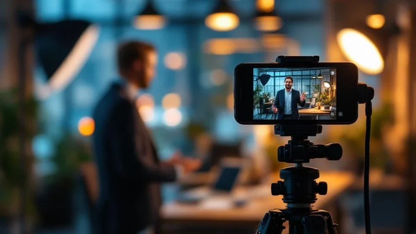 Zakenprofessional gebaart tijdens video-opname in modern kantoor met warme verlichting en camera op statief