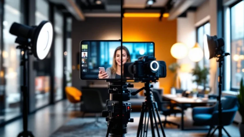 Professionele video-opname setup met belichtingsapparatuur en camera's versus amateur smartphone opname in kantooromgeving