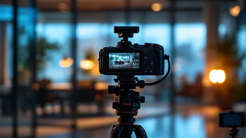 Professionele videocamera op statief in moderne kantooromgeving met studiobelichting en productieapparatuur