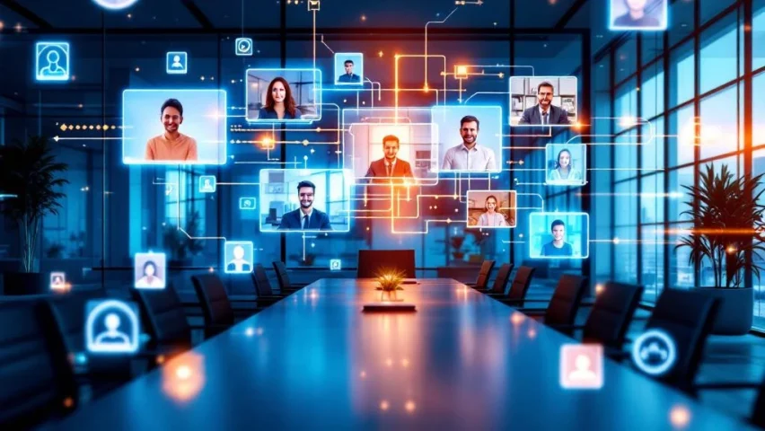 Moderne kantooromgeving met groot digitaal scherm dat videoconferentie-vensters en communicatiestromen toont